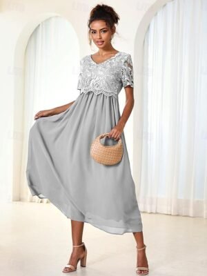 Elegant Formal Contrast Lace V Neck Short Sleeve Maxi Dress - Image 14