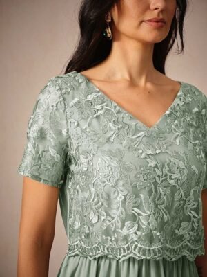 Elegant Formal Contrast Lace V Neck Short Sleeve Maxi Dress - Image 19