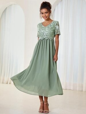 Elegant Formal Contrast Lace V Neck Short Sleeve Maxi Dress - Image 8
