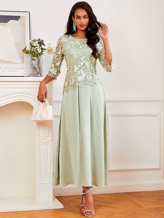 Elegant Formal Contrast Lace V Neck Sleeve Maxi Dress - Image 1