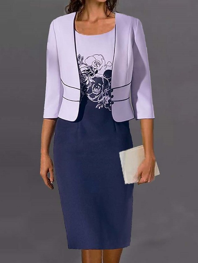 Elegant Formal Floral Crew Neck 3/4 Sleeve Knee Length Dress Set - Image 1