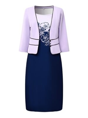 Elegant Formal Floral Crew Neck 3/4 Sleeve Knee Length Dress Set - Image 4