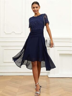 Elegant Formal Lace Ruched Crew Neck Short Sleeve Midi Dress - Image 1