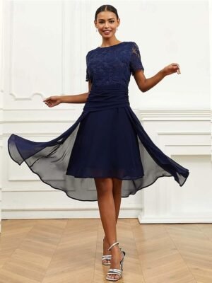 Elegant Formal Lace Ruched Crew Neck Short Sleeve Midi Dress - Image 3