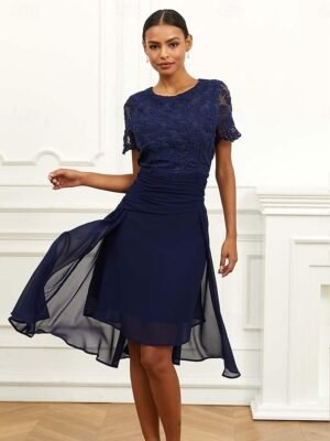 Elegant Formal Lace Ruched Crew Neck Short Sleeve Midi Dress - Image 4
