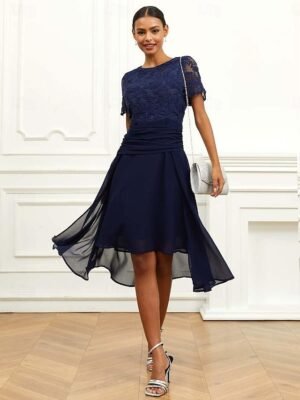 Elegant Formal Lace Ruched Crew Neck Short Sleeve Midi Dress - Image 5
