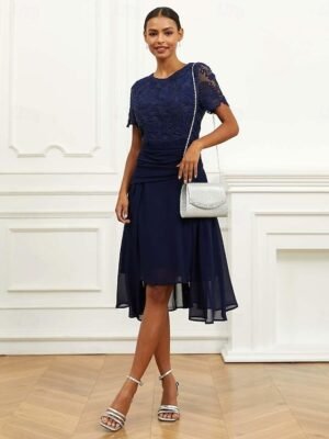 Elegant Formal Lace Ruched Crew Neck Short Sleeve Midi Dress - Image 6