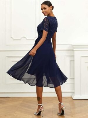 Elegant Formal Lace Ruched Crew Neck Short Sleeve Midi Dress - Image 9
