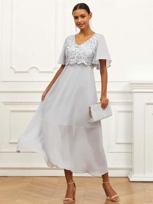 Elegant Formal Lace V Neck Flounce Sleeve Maxi Dress - Image 1