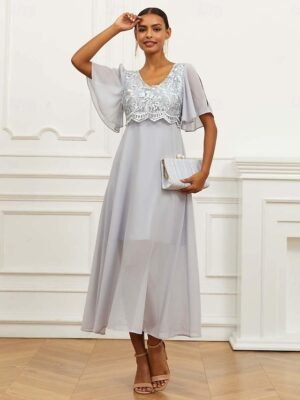 Elegant Formal Lace V Neck Flounce Sleeve Maxi Dress - Image 3