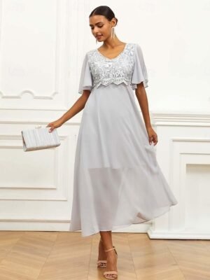 Elegant Formal Lace V Neck Flounce Sleeve Maxi Dress - Image 4