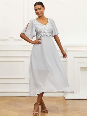 Elegant Formal Lace V Neck Flounce Sleeve Maxi Dress - Image 6