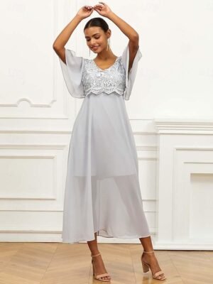 Elegant Formal Lace V Neck Flounce Sleeve Maxi Dress - Image 7