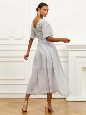 Elegant Formal Lace V Neck Flounce Sleeve Maxi Dress - Image 9