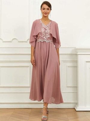 Elegant Formal Loose Lace V Neck Short Sleeve Midi Dress - Image 2