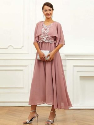 Elegant Formal Loose Lace V Neck Short Sleeve Midi Dress - Image 3