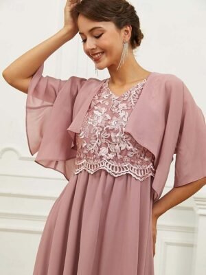 Elegant Formal Loose Lace V Neck Short Sleeve Midi Dress - Image 4