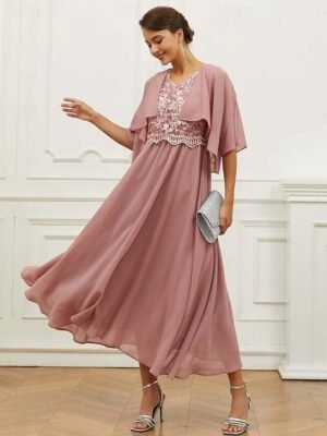 Elegant Formal Loose Lace V Neck Short Sleeve Midi Dress - Image 7