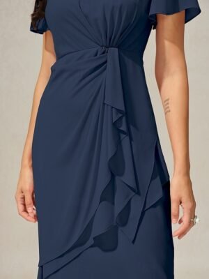 Elegant Formal Plain Crew Neck Butterfly Sleeve Layered Midi Dress - Image 3