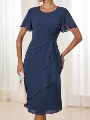 Elegant Formal Plain Crew Neck Butterfly Sleeve Layered Midi Dress - Image 6