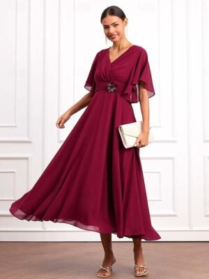 Elegant Formal Plain V Neck Short Sleeve Maxi Wrap Dress - Image 1