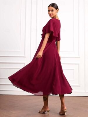 Elegant Formal Plain V Neck Short Sleeve Maxi Wrap Dress - Image 10
