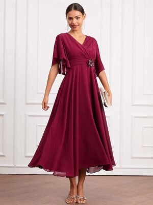 Elegant Formal Plain V Neck Short Sleeve Maxi Wrap Dress - Image 3