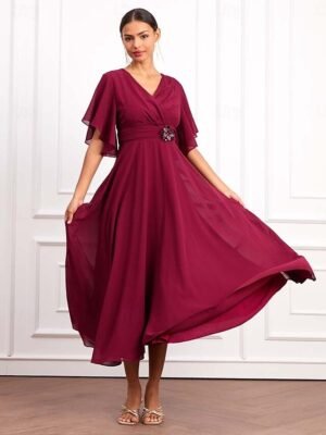 Elegant Formal Plain V Neck Short Sleeve Maxi Wrap Dress - Image 4