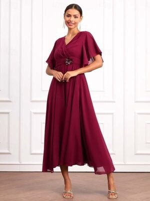 Elegant Formal Plain V Neck Short Sleeve Maxi Wrap Dress - Image 6