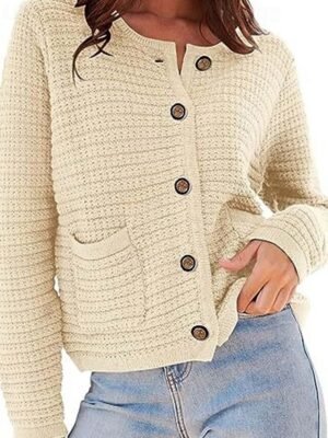 Elegant Formal Textured Crew Neck Long Sleeve Cardigan - Image 6