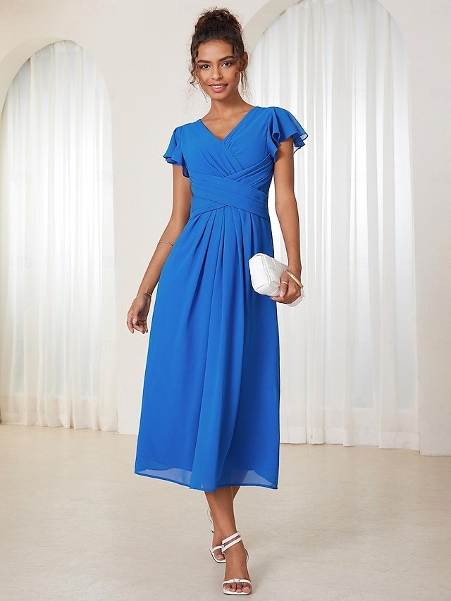 Elegant Formal Wrap Ruched V Neck Ruffle Sleeve Midi Dress - Image 1
