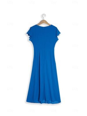 Elegant Formal Wrap Ruched V Neck Ruffle Sleeve Midi Dress - Image 14