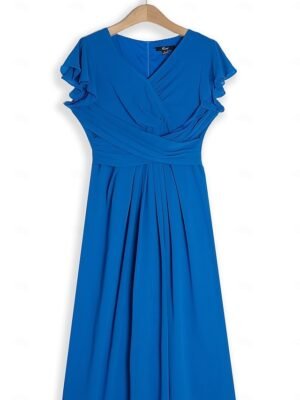 Elegant Formal Wrap Ruched V Neck Ruffle Sleeve Midi Dress - Image 2