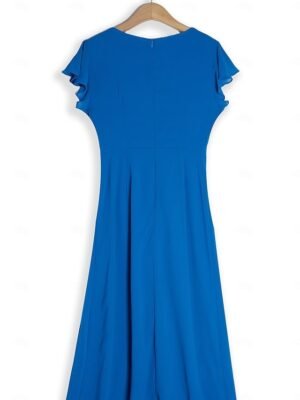 Elegant Formal Wrap Ruched V Neck Ruffle Sleeve Midi Dress - Image 3