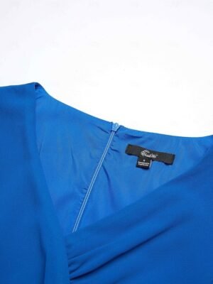 Elegant Formal Wrap Ruched V Neck Ruffle Sleeve Midi Dress - Image 4