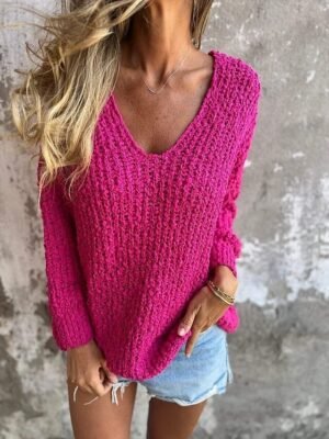 Elegant Fuzzy Knit V Neck Long Sleeve Sweater - Image 2