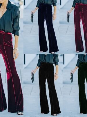Elegant High Waist Plain Full Length Bell Bottom Trousers - Image 14