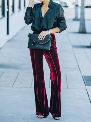 Elegant High Waist Plain Full Length Bell Bottom Trousers - Image 2