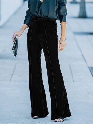 Elegant High Waist Plain Full Length Bell Bottom Trousers - Image 4