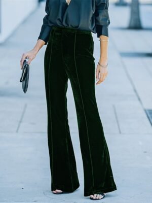 Elegant High Waist Plain Full Length Bell Bottom Trousers - Image 8