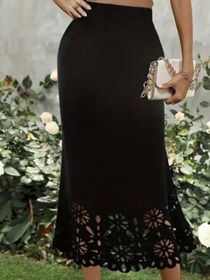 Elegant High Waist Solid Lace Midi Trumpet Skirt - Image 3