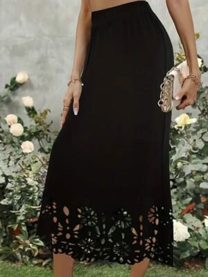 Elegant High Waist Solid Lace Midi Trumpet Skirt - Image 4