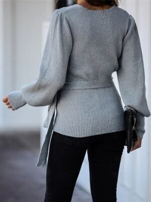 Elegant Knit Solid V Neck Lantern Long Sleeve Sweater - Image 2