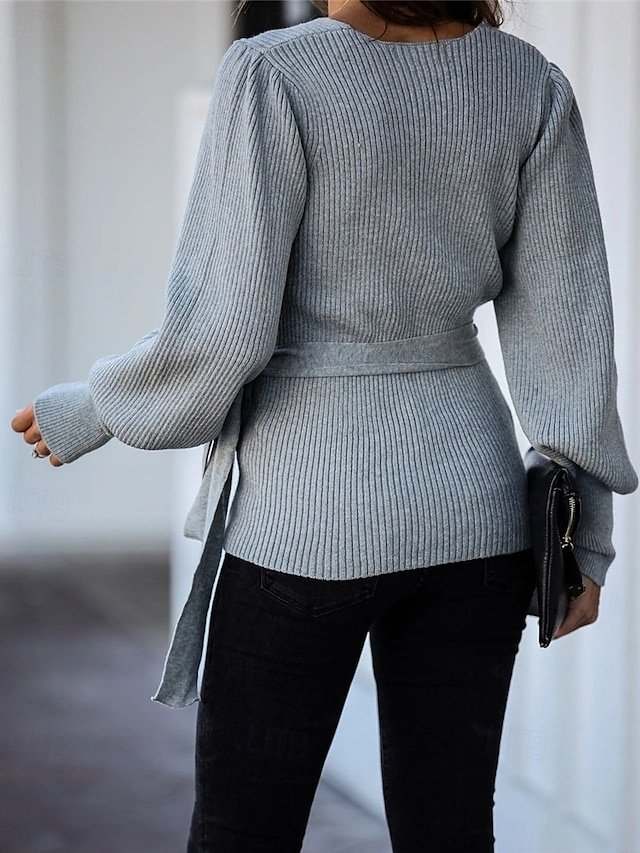 Elegant Knit Solid V Neck Lantern Long Sleeve Sweater - Image 2