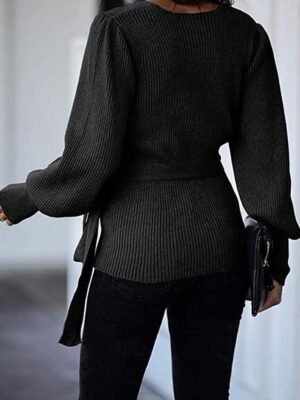 Elegant Knit Solid V Neck Lantern Long Sleeve Sweater - Image 5