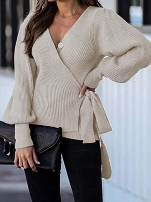 Elegant Knit Solid V Neck Lantern Long Sleeve Sweater - Image 6