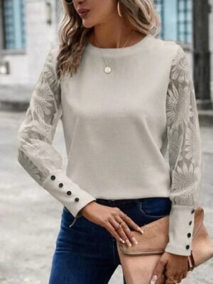 Elegant Lace Fitted Eyelet Crew Neck Long Sleeve Blouse - Image 1