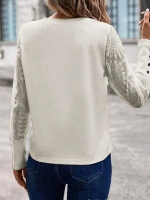 Elegant Lace Fitted Eyelet Crew Neck Long Sleeve Blouse - Image 2