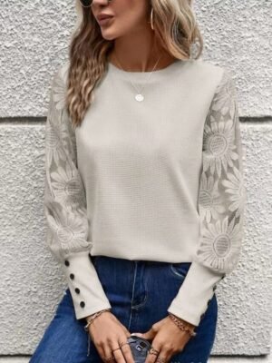 Elegant Lace Fitted Eyelet Crew Neck Long Sleeve Blouse - Image 4