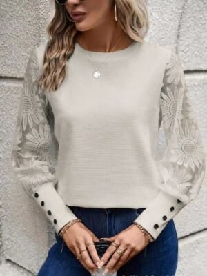 Elegant Lace Fitted Eyelet Crew Neck Long Sleeve Blouse - Image 5